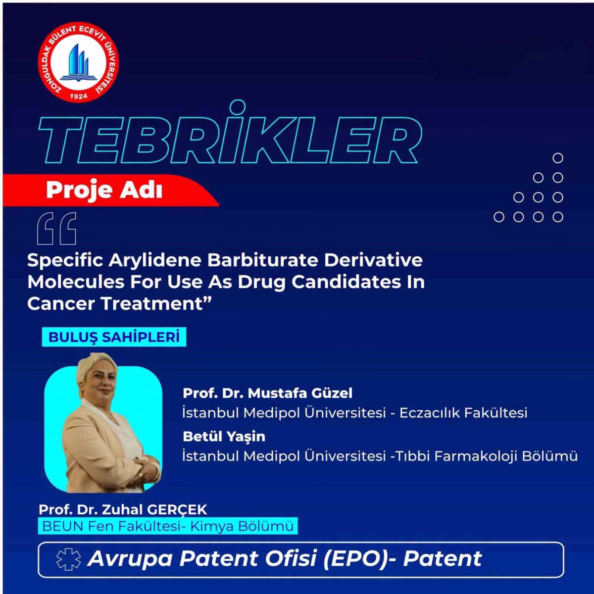BEUN öğretim üyesinin Avrupa patent başvurusu kabul edildi