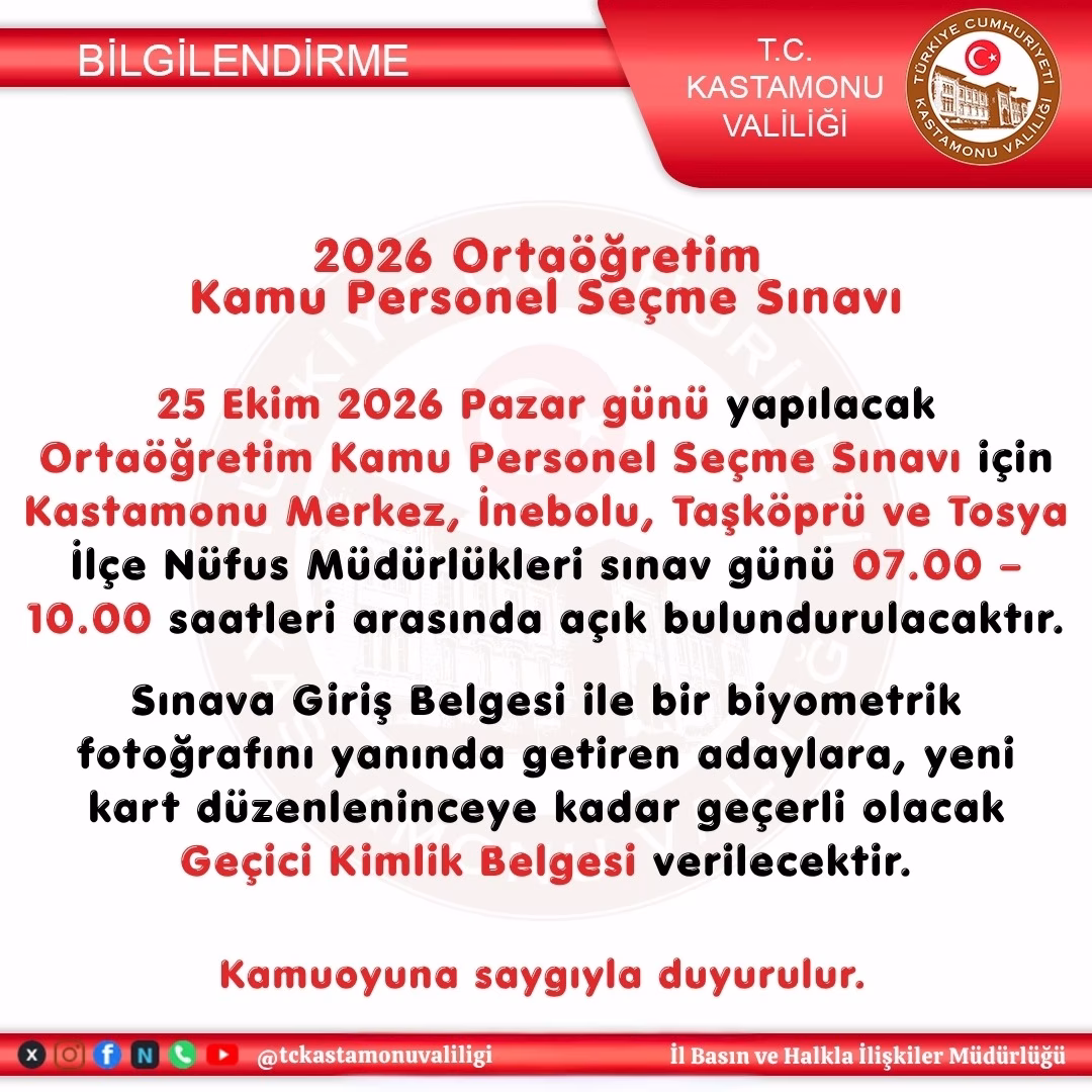 Kastamonu Valiliği’nden KPSS Ortaöğretim Adaylarına Duyuru: İlçe Nüfus Müdürlükleri Pazar Günü Açık Olacak!