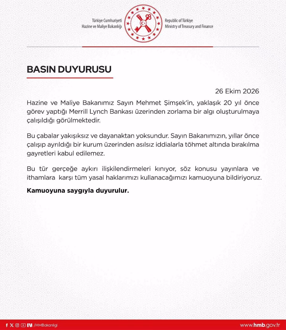 Bakan Şimşek iddialarına bakanlıktan sert tepki