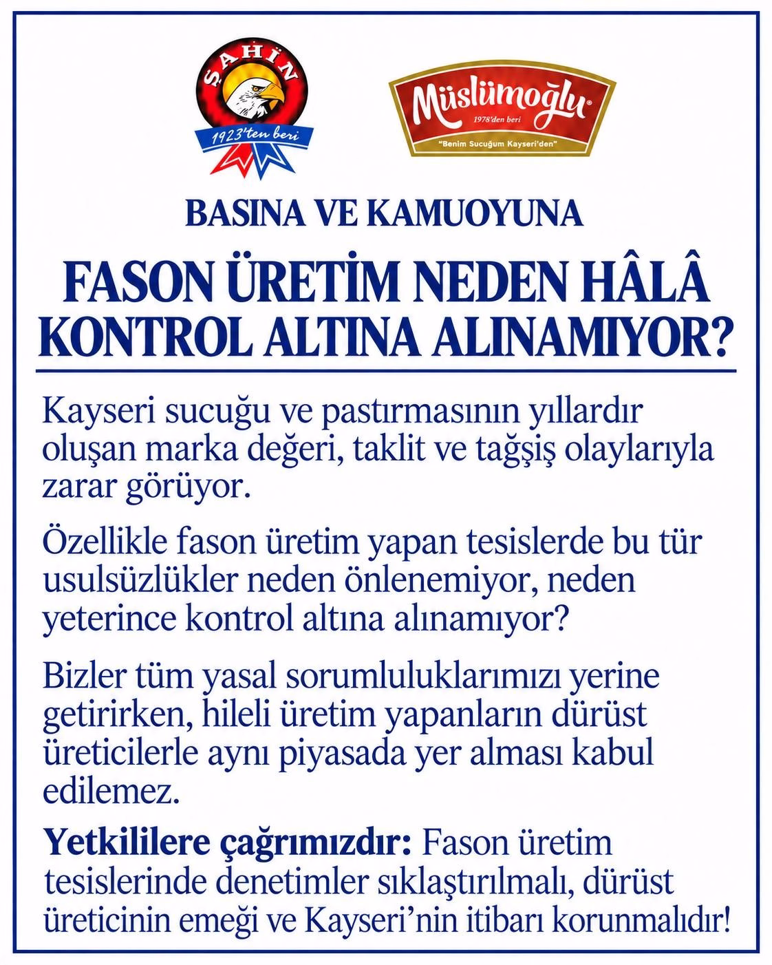 Üreticilerden fason sucuk denetimi çağrısı